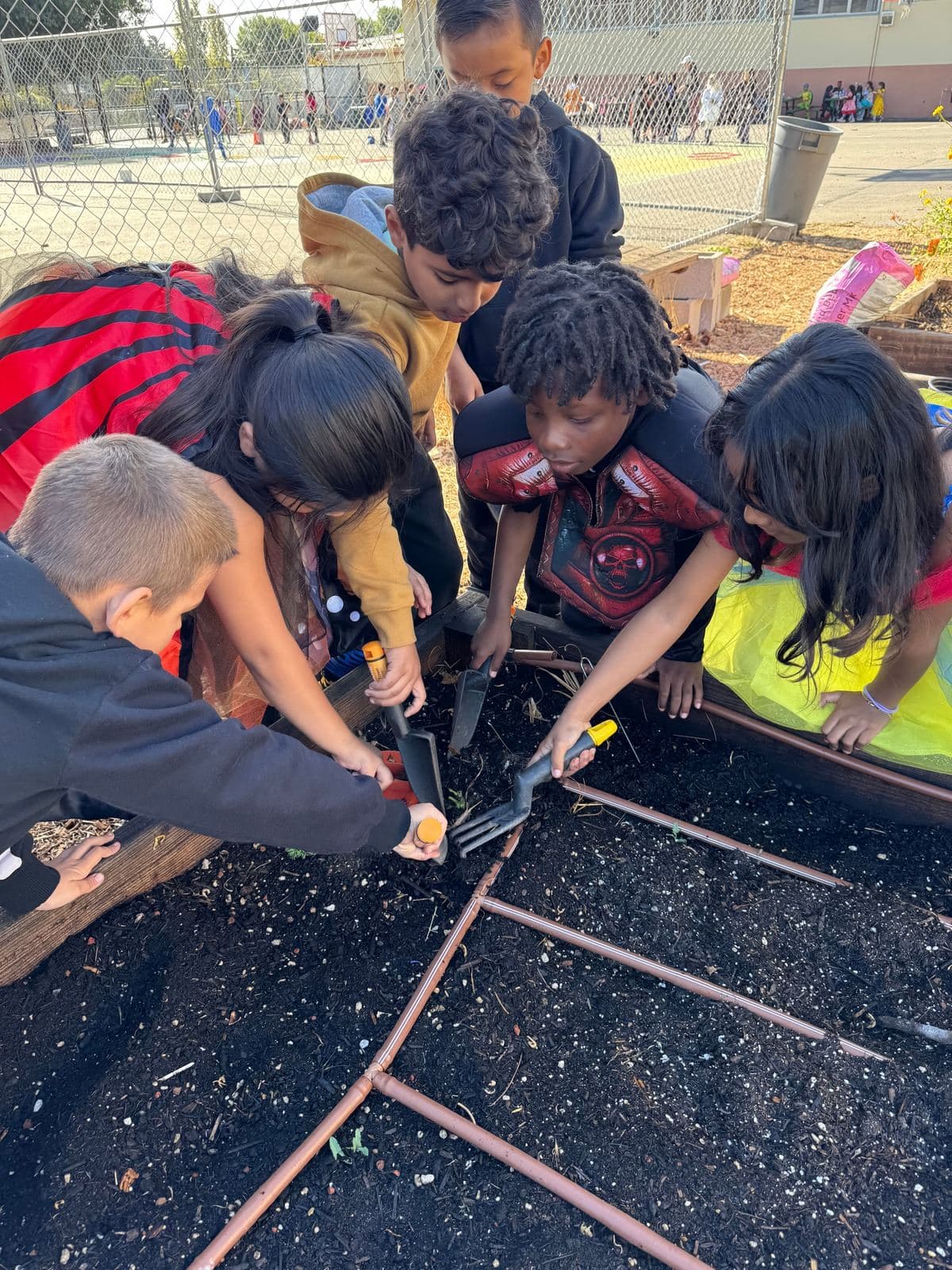 Students lean into a raised garden bed together, turning the soil with hand trowels.