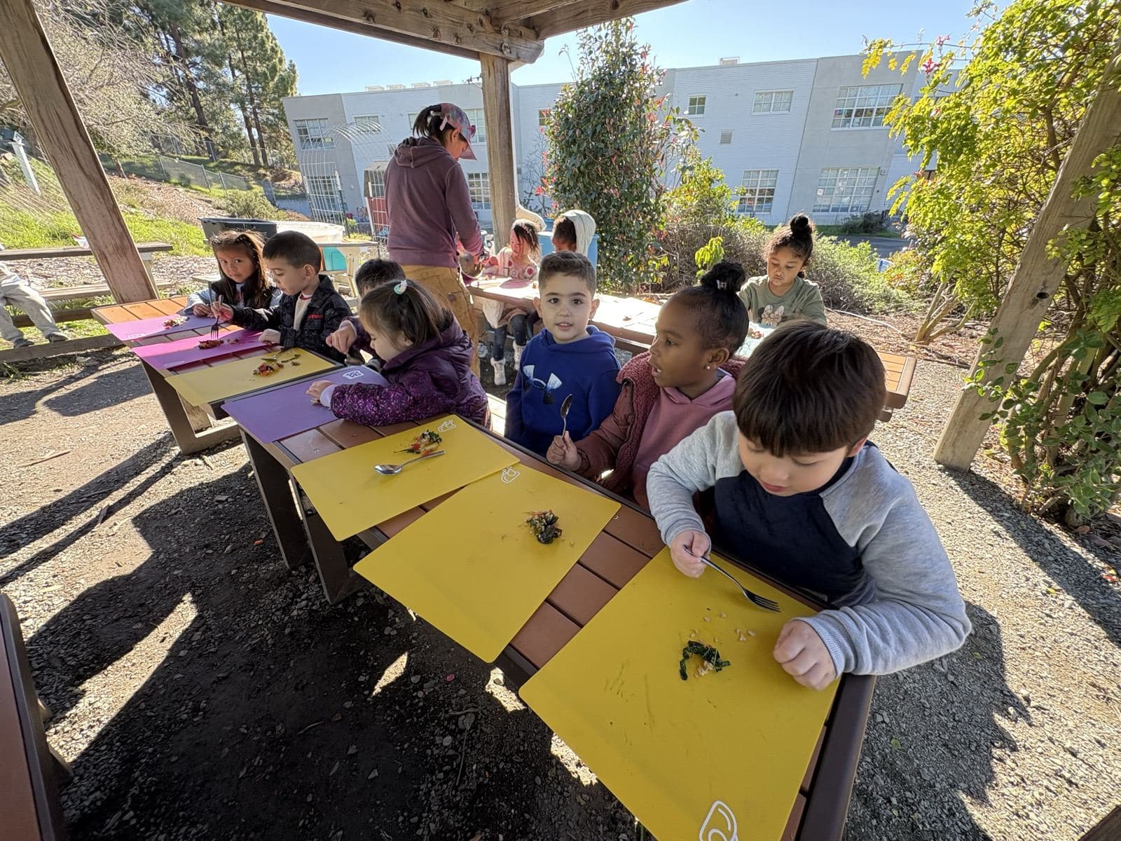 Young students eat small servings of greens with forks at picnic tables under a wooden shade structure.